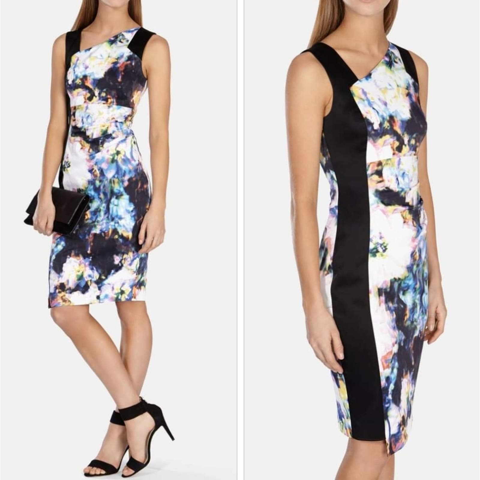 Karen Millen Blurred Photographic Floral Print Asymmetrical Sheath Dress Size 4